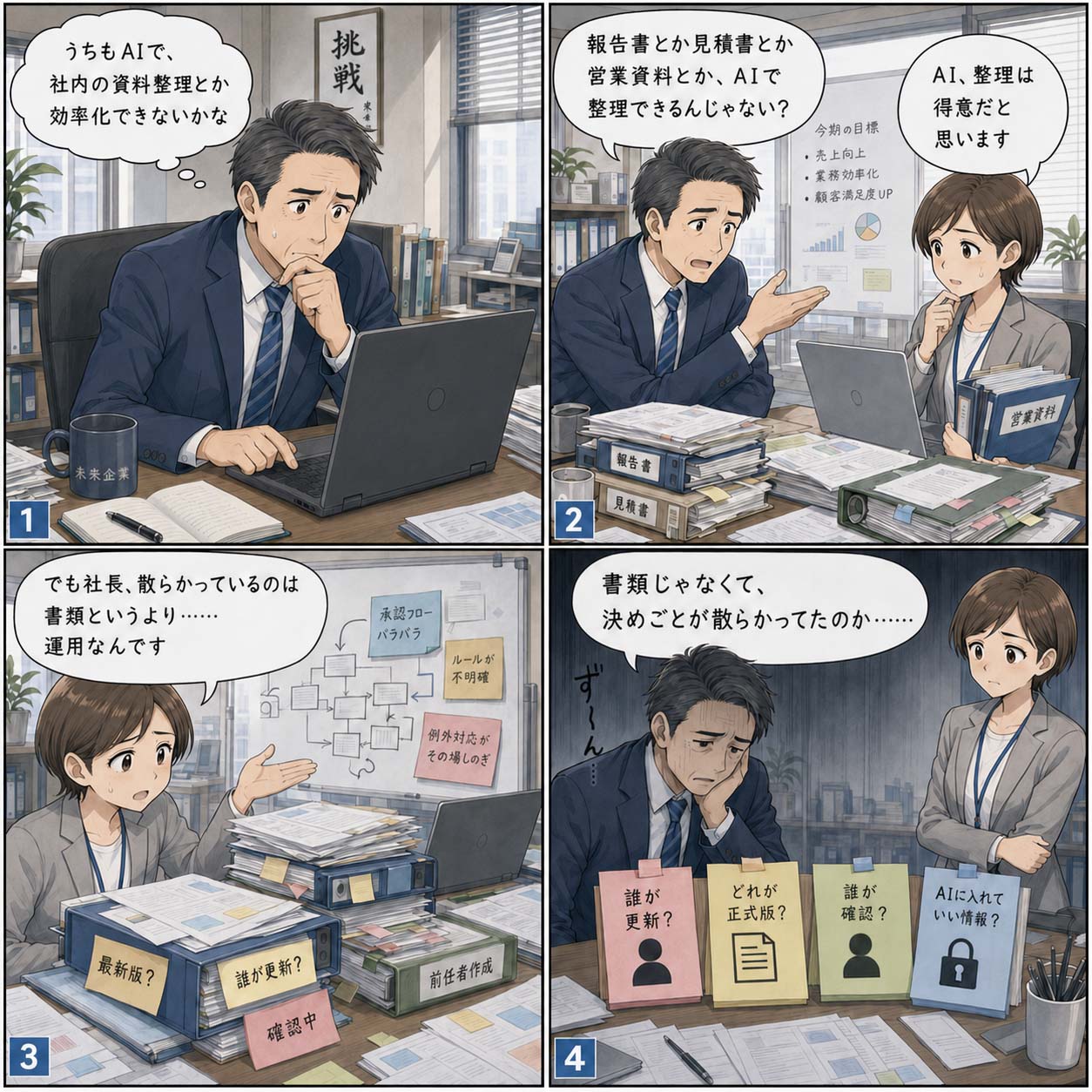 経営者が社員とAI導入について話し合う4コマ漫画。社内資料がバラバラで整理が必要な状況が描かれています。