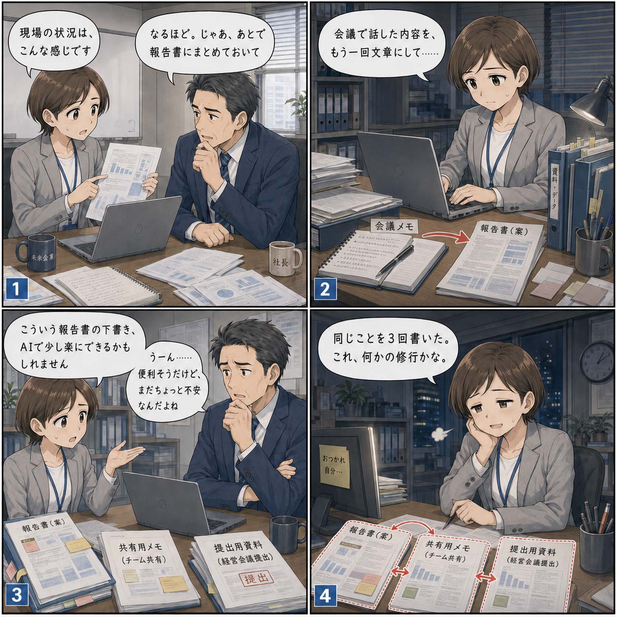 社員が同じ内容を何度も書き直す4コマ漫画。会議メモから報告書、共有用メモ、提出資料と三重の転記作業に疲弊する様子が描かれています。